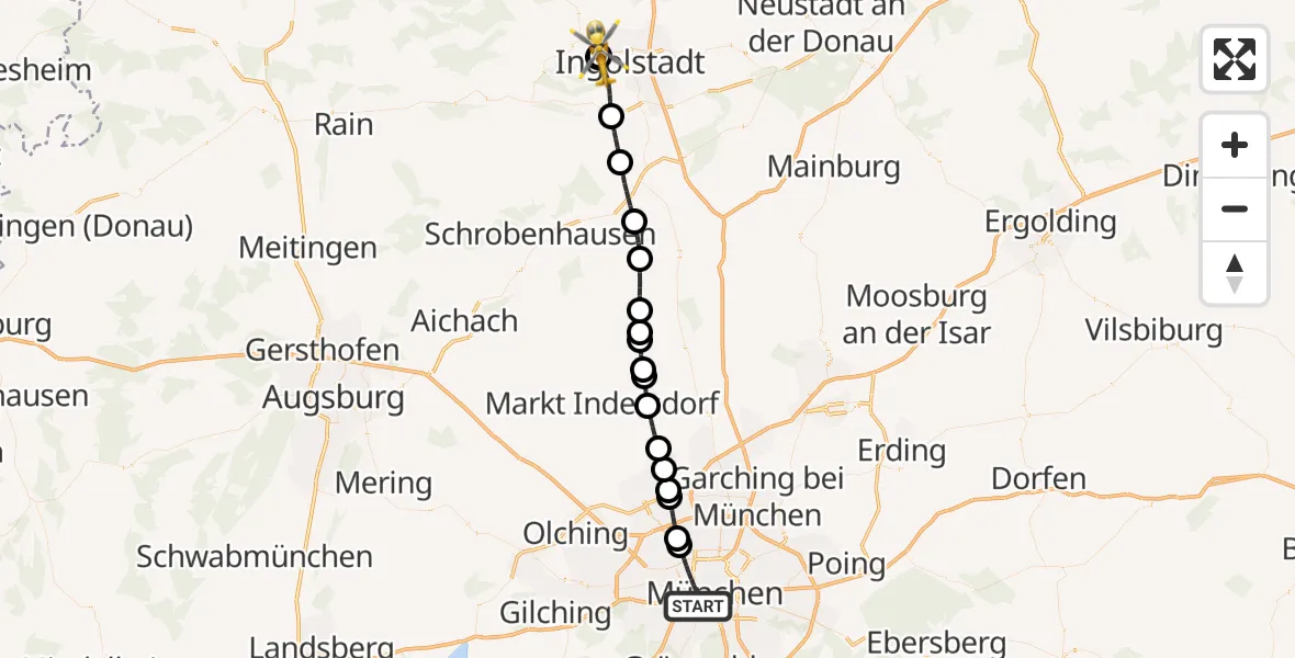 Flugroute Rettungshubschrauber München - Ingolstadt Hospital, 08 August 2026, 08:38