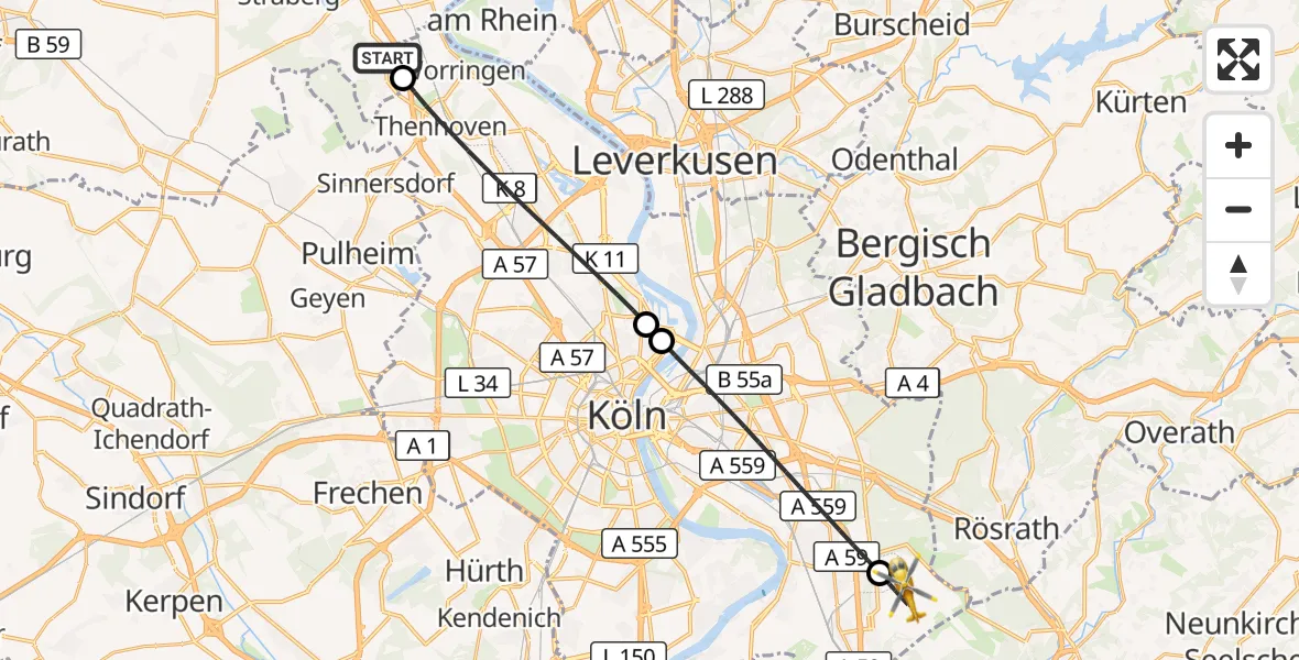 Flugroute Rettungshubschrauber Dormagen - Köln Bonn Flughafen, 08 August 2026, 08:52