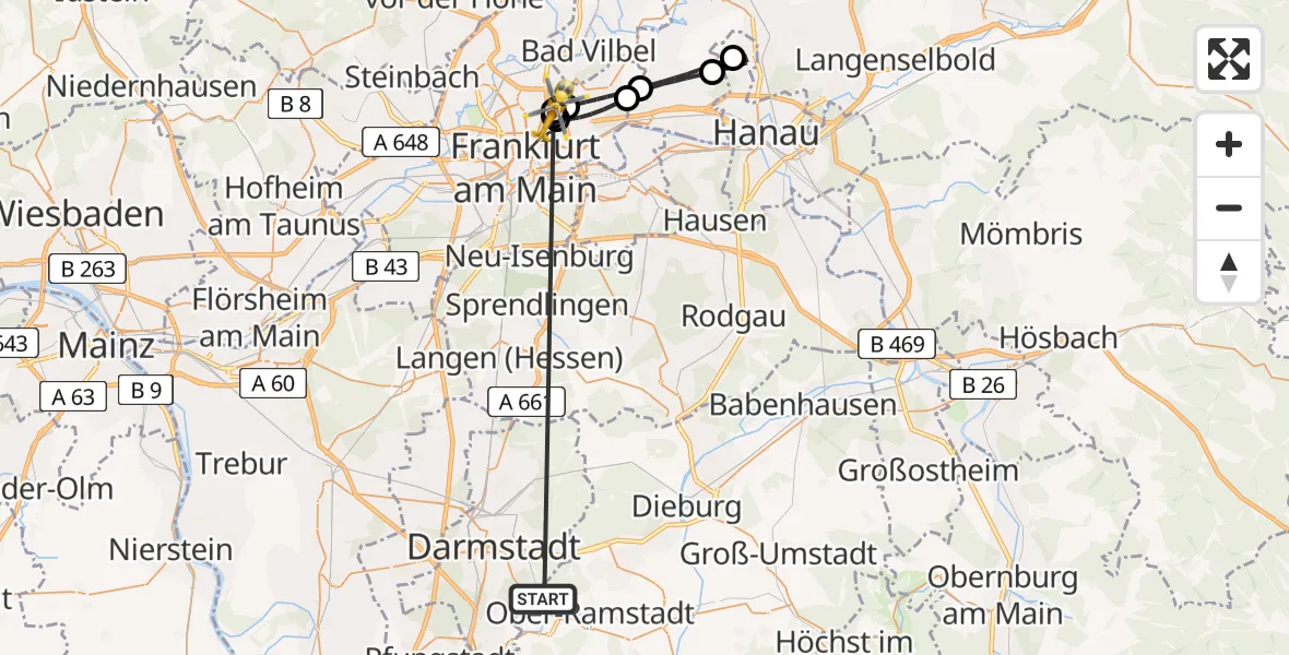 Flugroute Rettungshubschrauber Mühltal - Frankfurt am Main Accident Hospital Roof Helipad (CHX2), 08 August 2026, 08:59