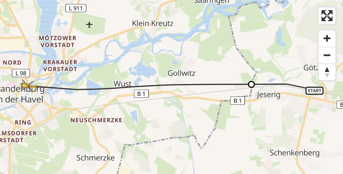 Flugroute Rettungshubschrauber Groß Kreutz (Havel) - Brandenburg an der Havel, 08 August 2026, 08:59