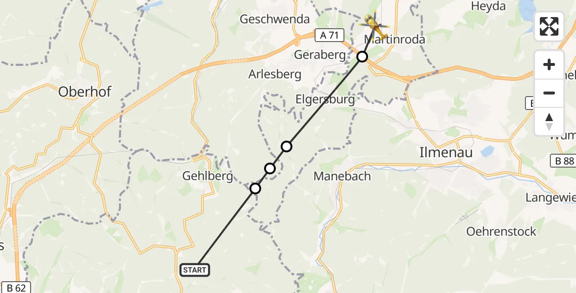Flugroute Rettungshubschrauber Suhl - Martinroda, 08 August 2026, 09:00