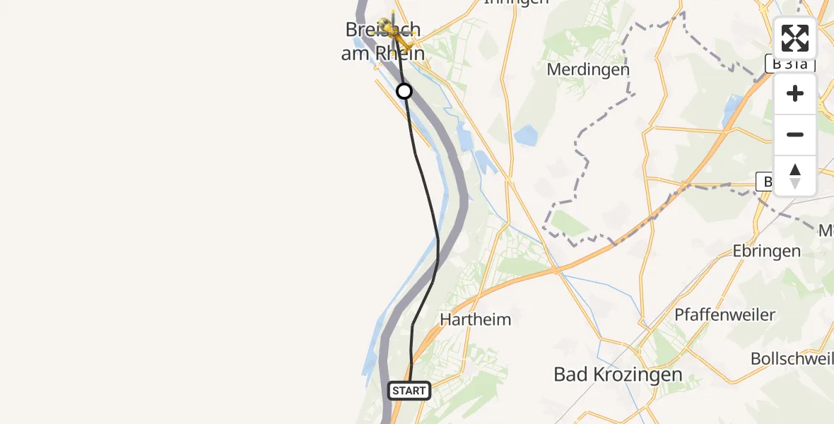 Flugroute Ambulanzhubschrauber Hartheim am Rhein - Breisach am Rhein, 08 August 2026, 09:00