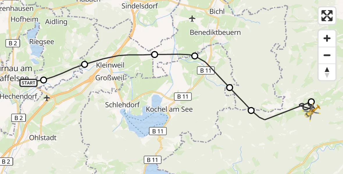 Flugroute Rettungshubschrauber Murnau Accident Hospital - Lenggries, 08 August 2026, 09:01