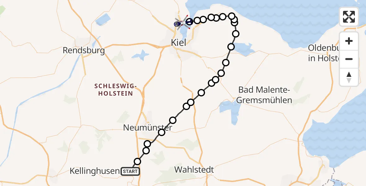 Flugroute Polizeihubschrauber Wiemersdorf - Kiel-Holtenau Flughafen, 08 August 2026, 09:03