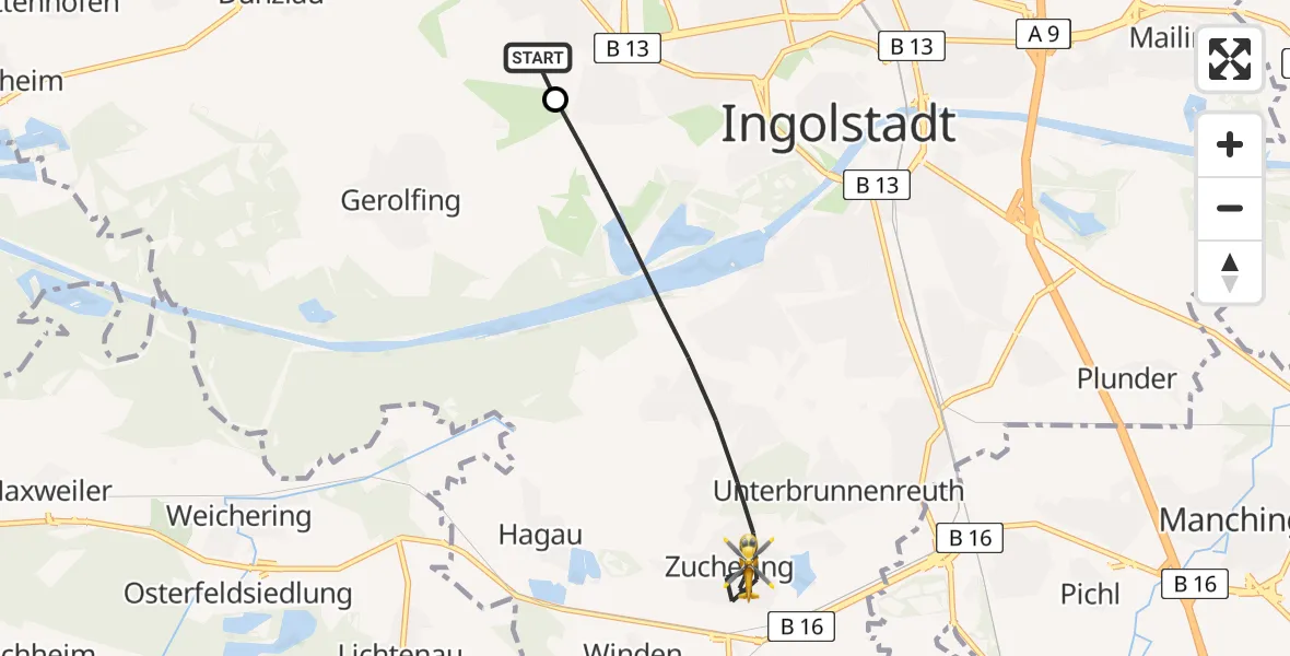 Flugroute Rettungshubschrauber Ingolstadt Hospital - Ingolstadt, 08 August 2026, 09:17