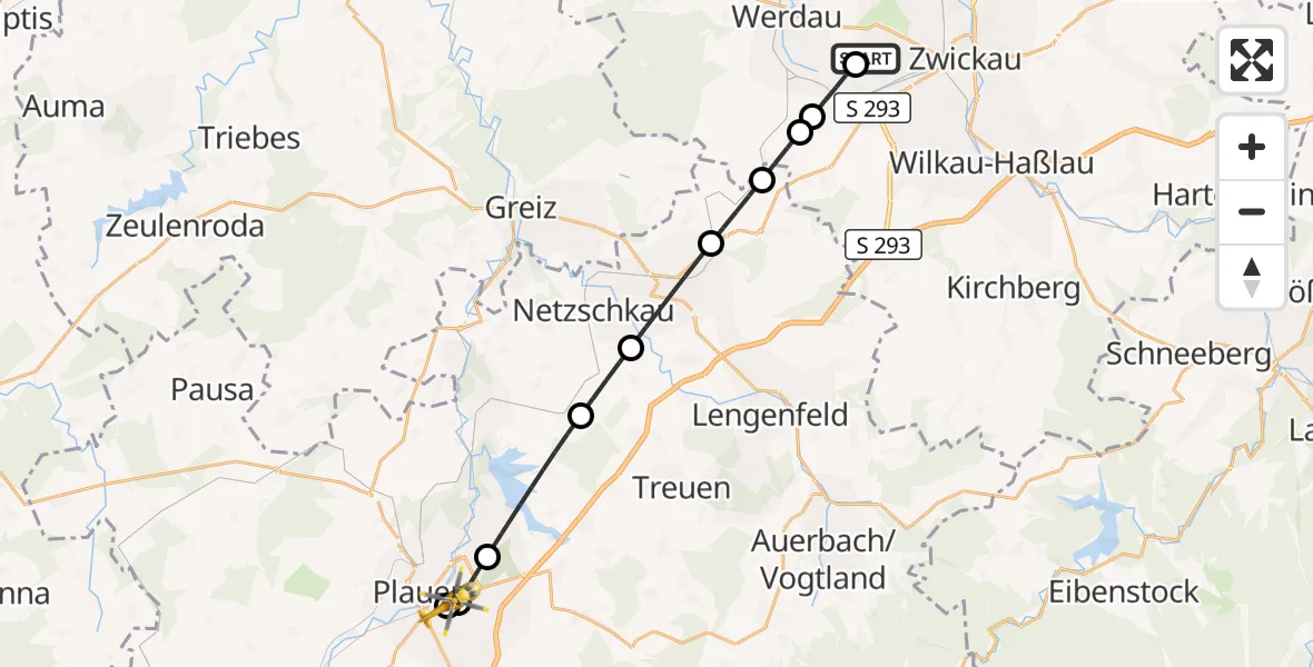Flugroute Rettungshubschrauber ADAC Air Rescue Station Zwickau Hubschrauberlandeplatz - Helios Clinic Plauen, 08 August 2026, 09:18