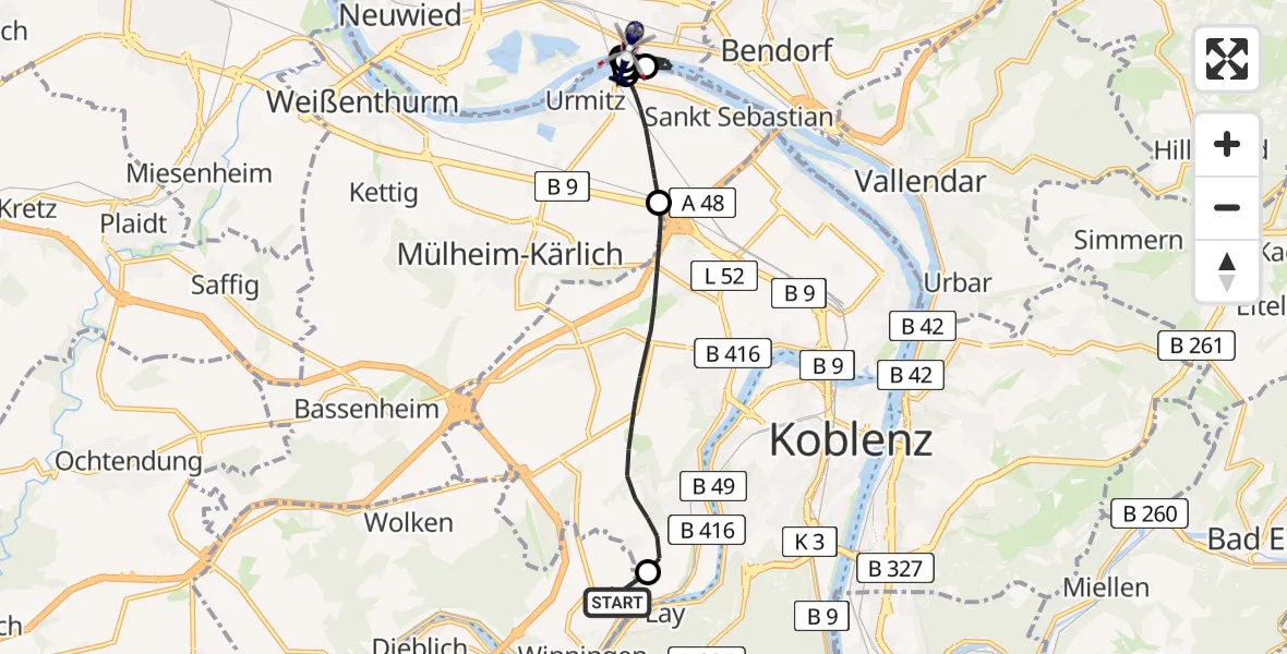 Flugroute Polizeihubschrauber Koblenz-Winningen Flugplatz - Neuwied, 08 August 2026, 09:25