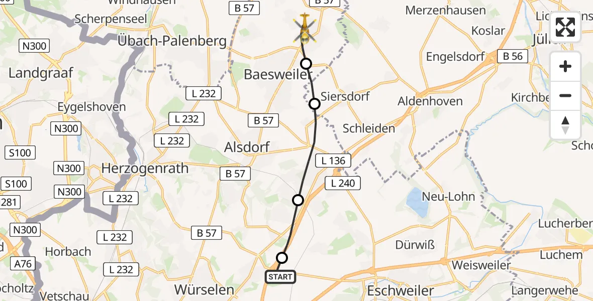 Flugroute Rettungshubschrauber Aachen-Merzbrück Flughafen - Baesweiler, 08 August 2026, 09:34