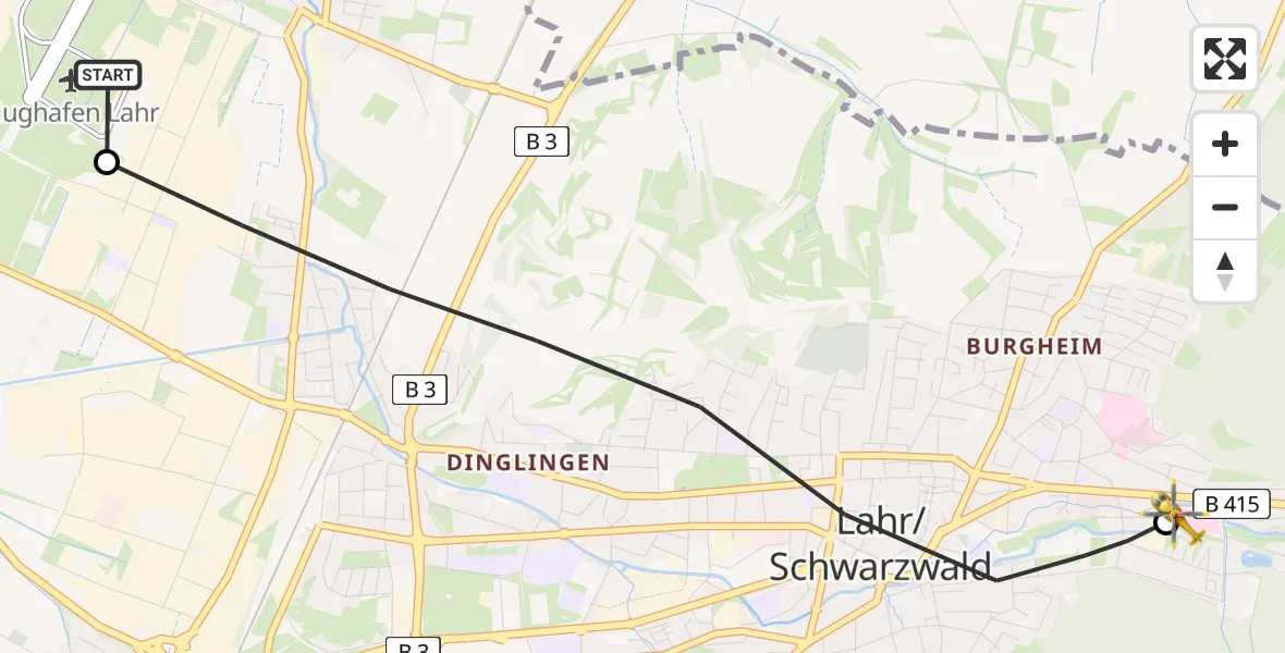 Flugroute Rettungshubschrauber Lahr Flughafen - Ortenau Hospital Lahr-Ettenheim Hubschrauberlandeplatz, 08 August 2026, 09:41