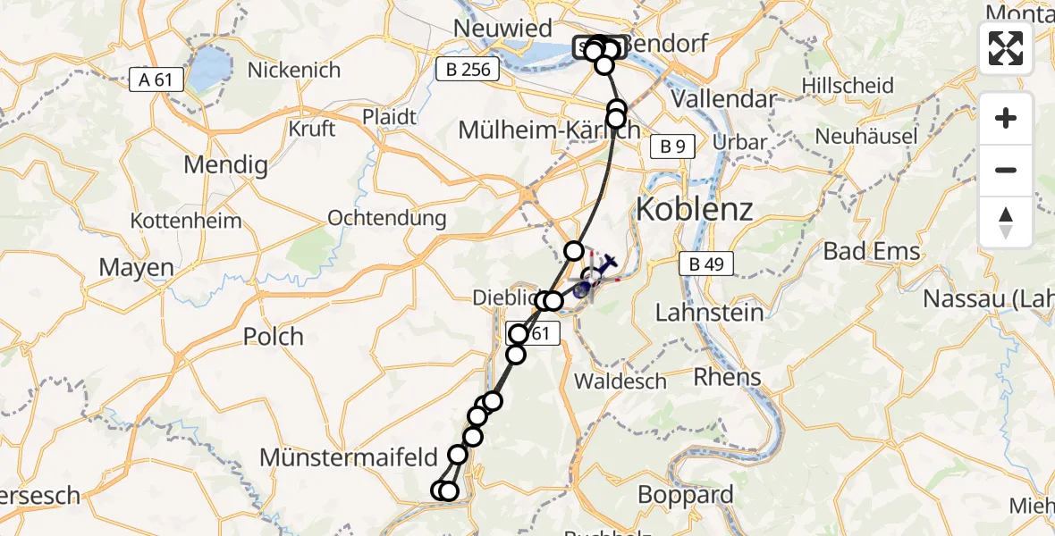 Flugroute Polizeihubschrauber Neuwied - Koblenz-Winningen Flugplatz, 08 August 2026, 09:42