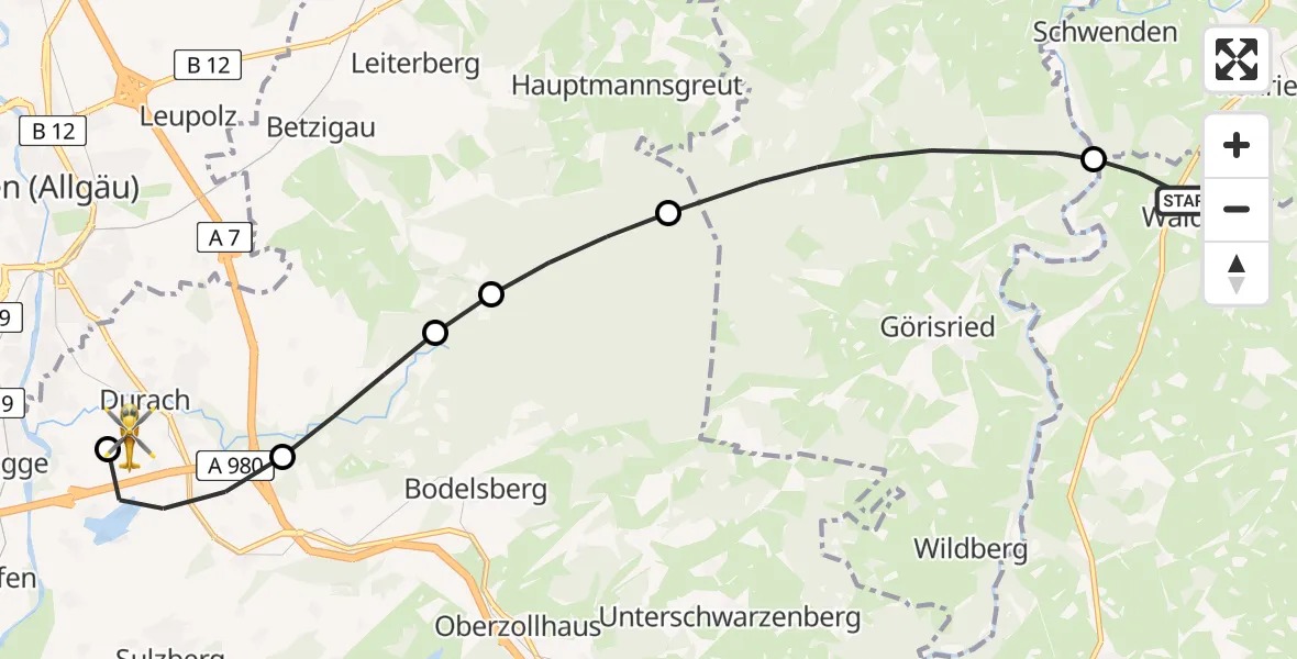 Flugroute Rettungshubschrauber Wald - Kempten-Durach Flugplatz, 08 August 2026, 09:44