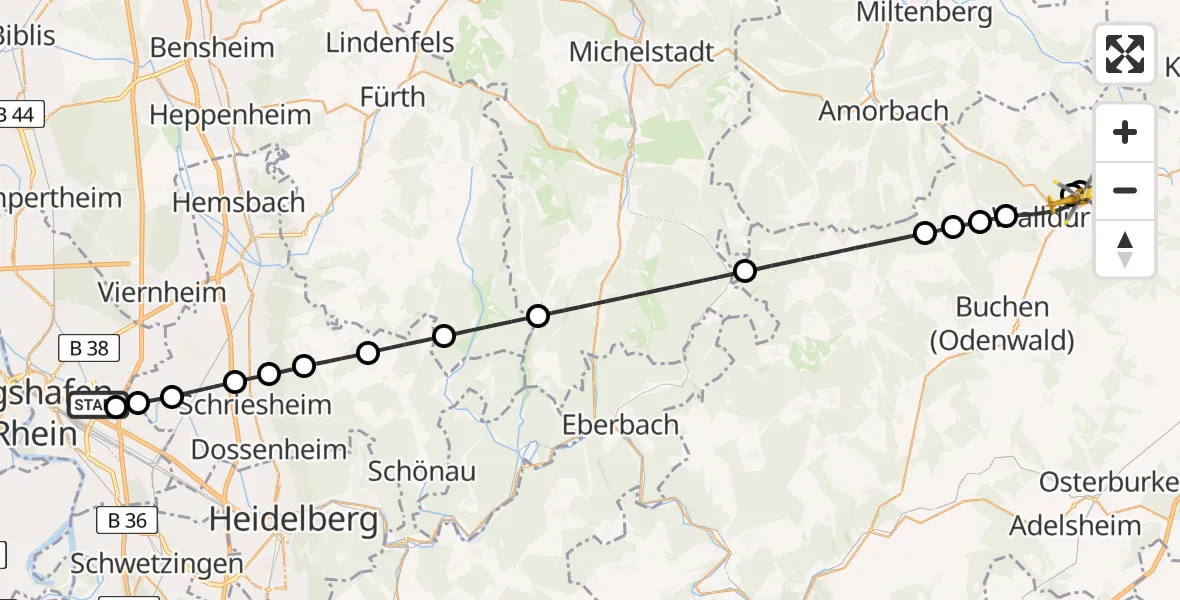 Flugroute Rettungshubschrauber Mannheim-City Flughafen - Walldürn, 08 August 2026, 09:44