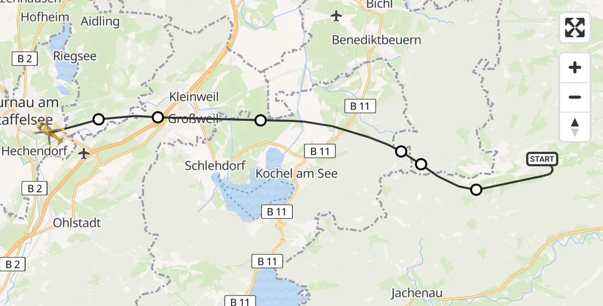 Flugroute Rettungshubschrauber Lenggries - Murnau Accident Hospital Hubschrauberlandeplatz, 08 August 2026, 09:46