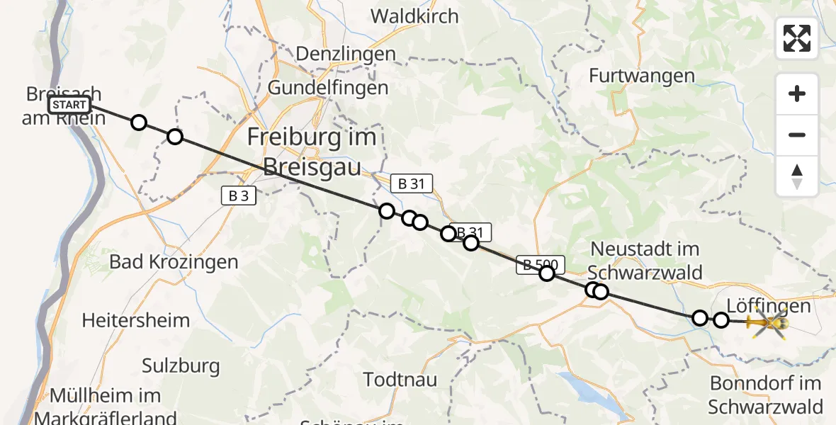 Flugroute Ambulanzhubschrauber Breisach am Rhein - Löffingen, 08 August 2026, 09:47