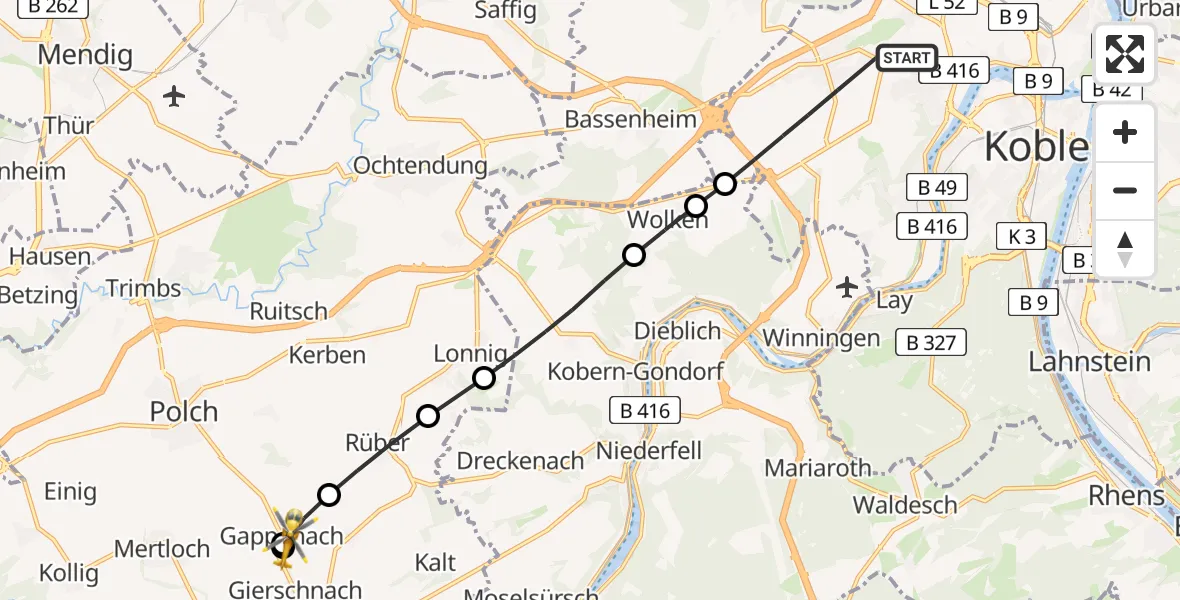 Flugroute Rettungshubschrauber Koblenz - Gappenach, 08 August 2026, 09:49