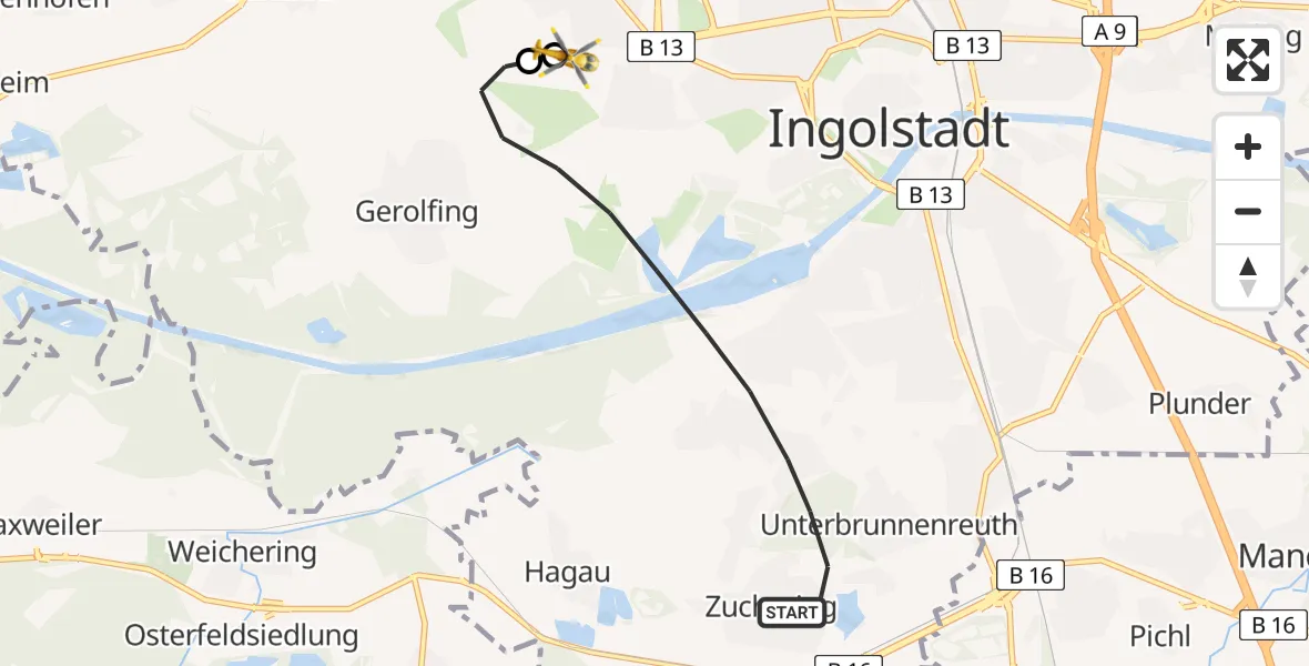 Flugroute Rettungshubschrauber Ingolstadt - Ingolstadt Hospital, 08 August 2026, 09:52