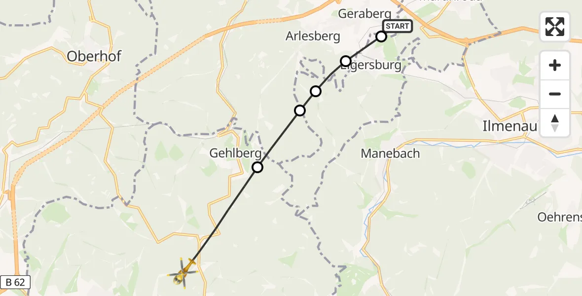 Flugroute Rettungshubschrauber Geratal - Suhl, 08 August 2026, 09:55