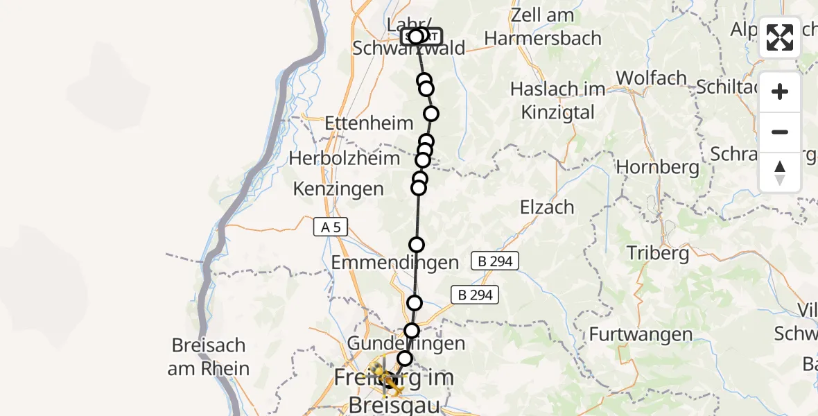 Flugroute Rettungshubschrauber Ortenau Hospital Lahr-Ettenheim - Freiburg University Hospital Heliport 1, 08 August 2026, 10:00