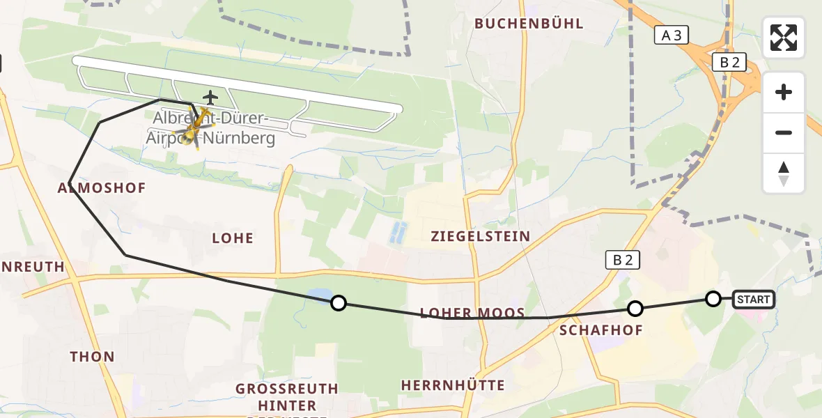 Flugroute Ambulanzhubschrauber Martha-Maria Nürnberg Hospital - Flughafen Nuremberg, 08 August 2026, 10:11