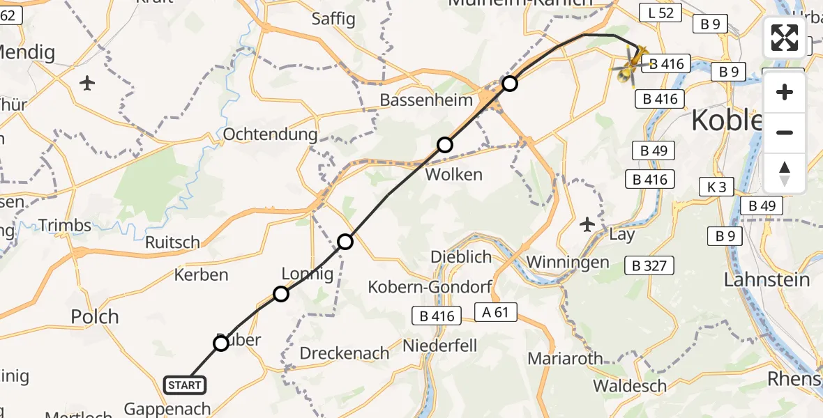 Flugroute Rettungshubschrauber Gappenach - Koblenz, 08 August 2026, 10:14