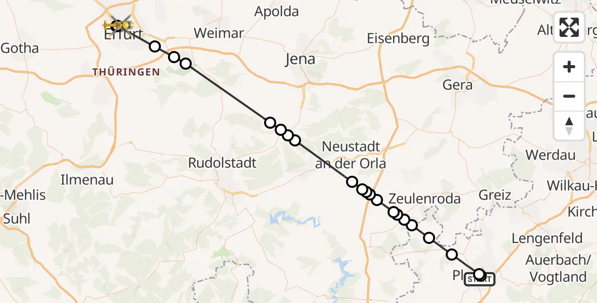Flugroute Rettungshubschrauber Helios Clinic Plauen - Helios Clinic Erfurt, 08 August 2026, 10:20