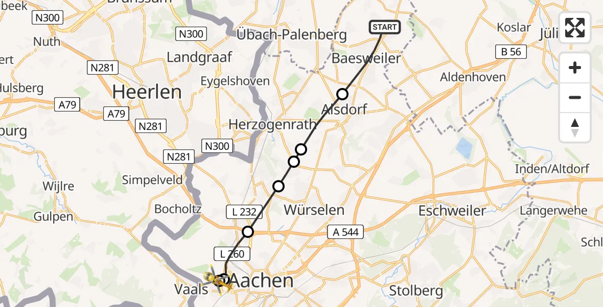 Flugroute Rettungshubschrauber Baesweiler - Aachen Hospital, 08 August 2026, 10:21