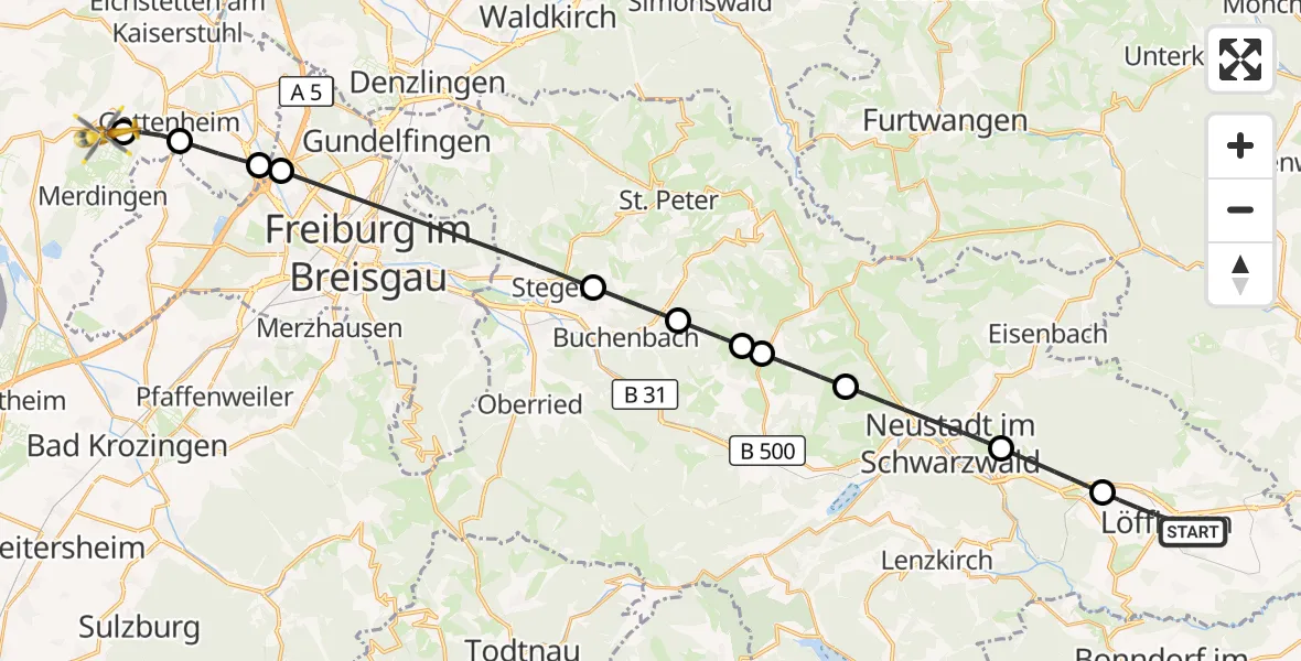 Flugroute Ambulanzhubschrauber Löffingen - Merdingen, 08 August 2026, 10:23