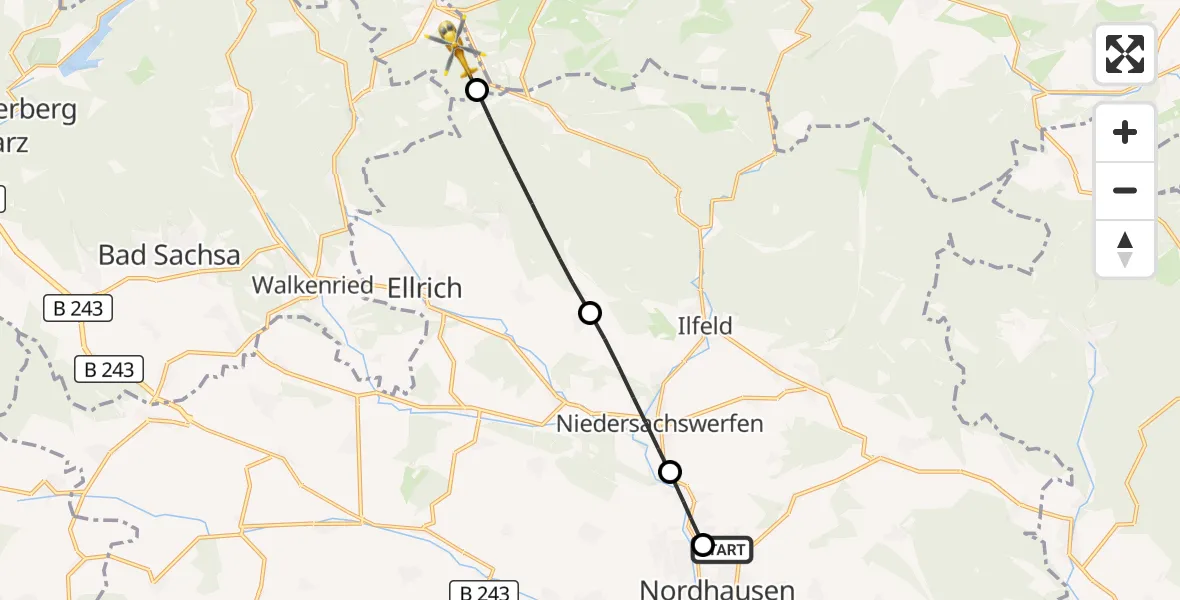 Flugroute Rettungshubschrauber Südharz Hospital Nordhausen - Harz (Landkreis Goslar), 08 August 2026, 10:27