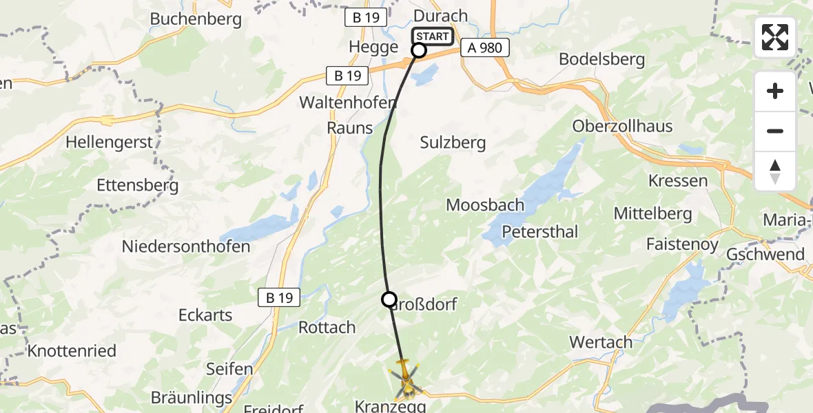 Flugroute Rettungshubschrauber Kempten-Durach Flugplatz - Rettenberg, 08 August 2026, 10:28