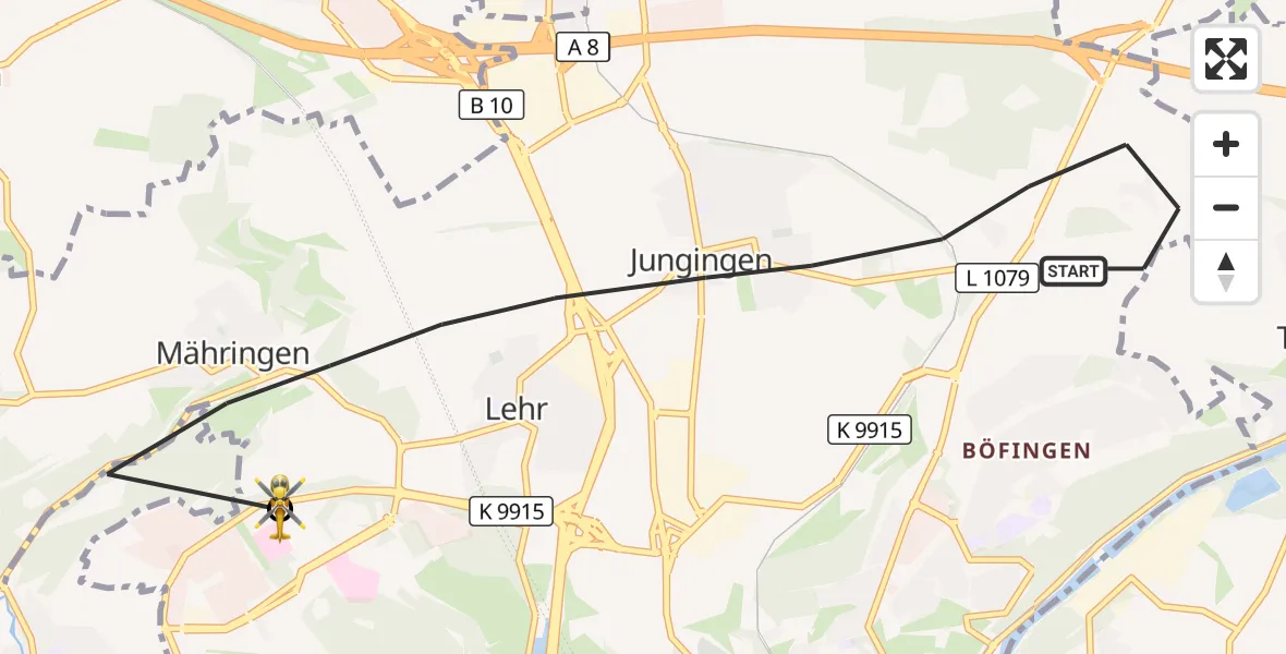 Flugroute Rettungshubschrauber Ulm - ADAC Air Rescue Station Ulm (Christoph 22), 08 August 2026, 10:29