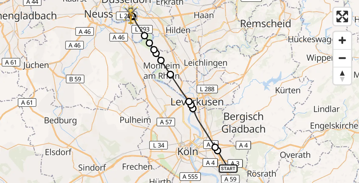 Flugroute Ambulanzhubschrauber Köln - Düsseldorf University Hospital, 08 August 2026, 10:42