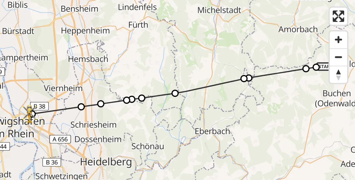 Flugroute Rettungshubschrauber Walldürn - Mannheim, 08 August 2026, 10:42