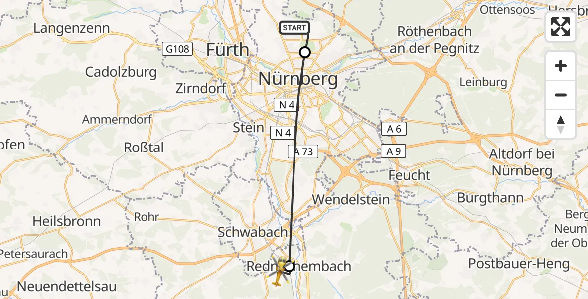 Flugroute Ambulanzhubschrauber Flughafen Nuremberg - Rednitzhembach, 08 August 2026, 10:50