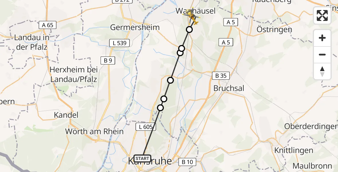 Flugroute Ambulanzhubschrauber Karlsruhe - Waghäusel, 08 August 2026, 10:58