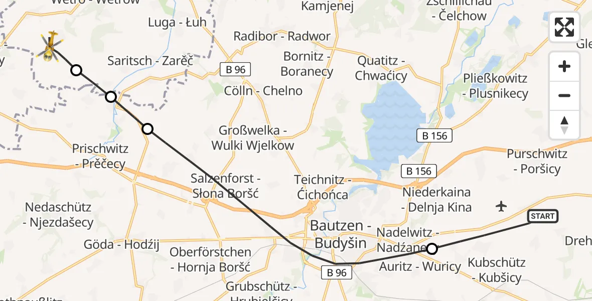 Flugroute Rettungshubschrauber Kubschütz - Puschwitz, 08 August 2026, 10:59