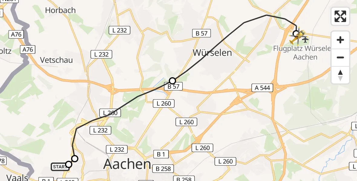 Flugroute Rettungshubschrauber Aachen Hospital - Aachen-Merzbrück Flughafen, 08 August 2026, 11:03