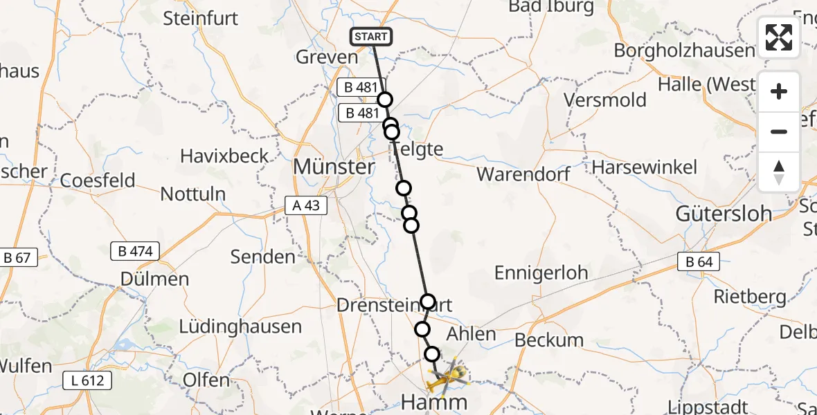 Flugroute Ambulanzhubschrauber Greven - Hamm, 08 August 2026, 11:06
