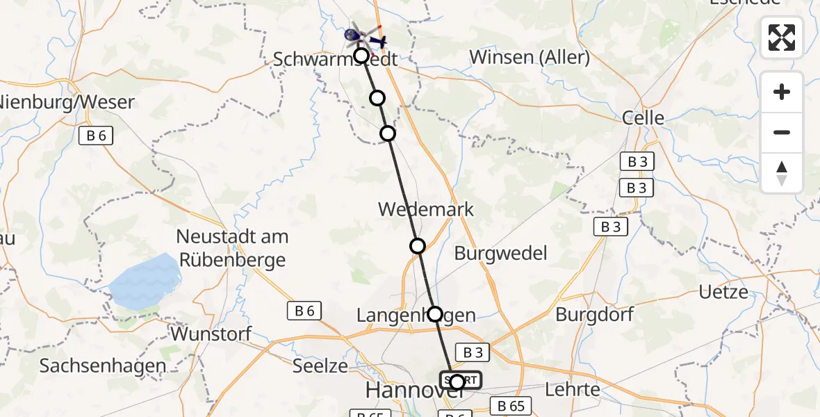Flugroute Polizeihubschrauber Hannover Luftrettung Hubschrauberlandeplatz (Christoph 4) - Essel, 08 August 2026, 11:07
