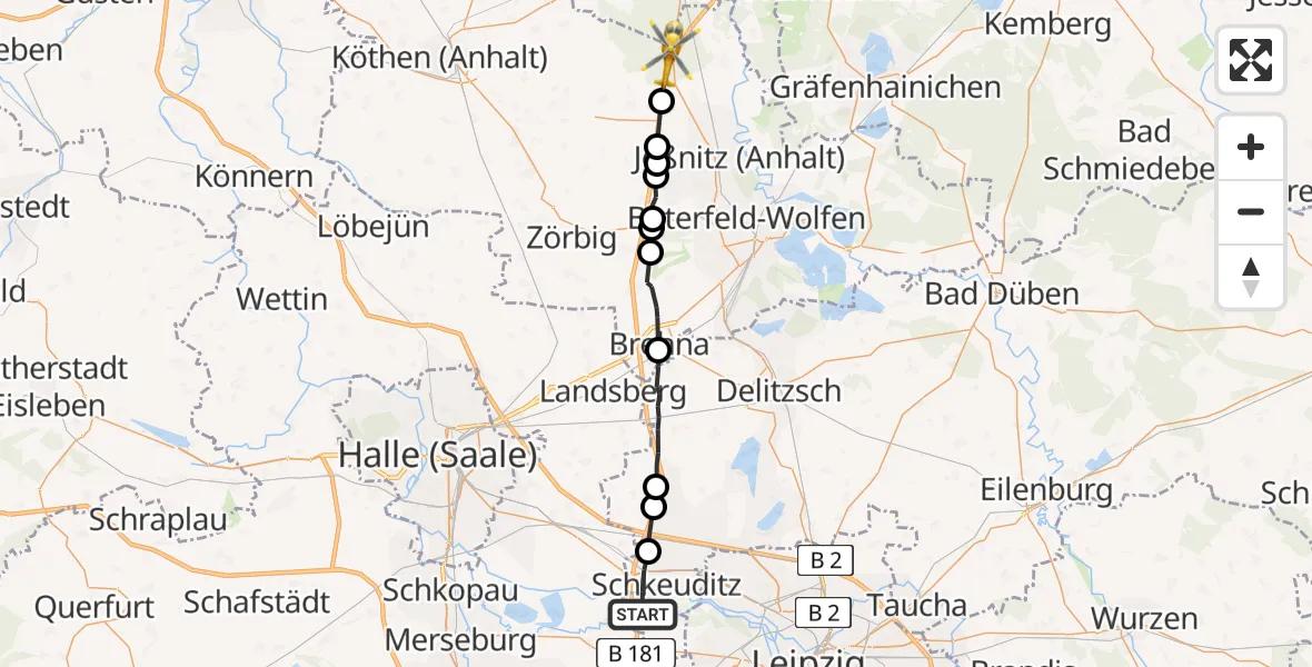 Flugroute Rettungshubschrauber Schkeuditz - Raguhn-Jeßnitz, 08 August 2026, 11:08