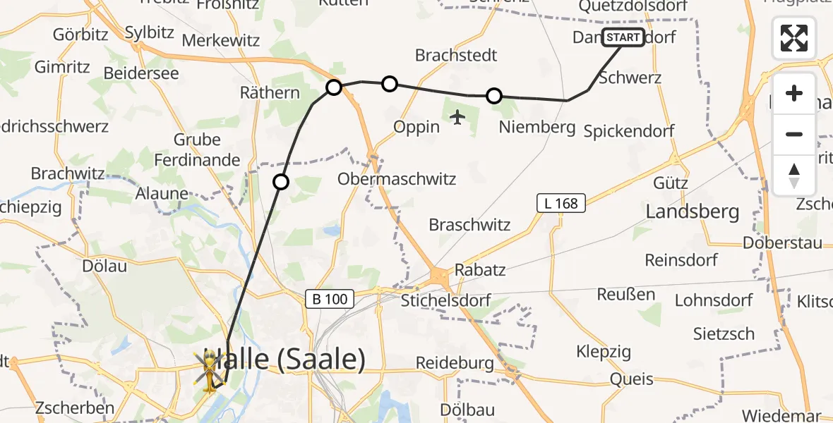 Flugroute Rettungshubschrauber Landsberg - Halle (Saale), 08 August 2026, 11:13