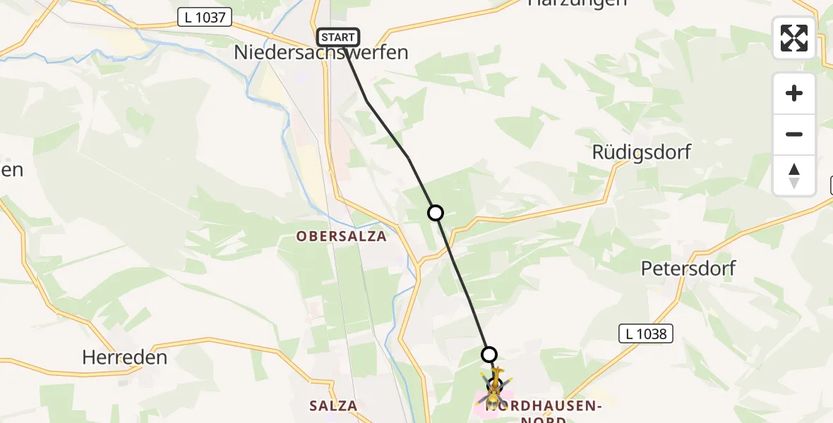 Flugroute Rettungshubschrauber Harztor - Südharz Hospital Nordhausen, 08 August 2026, 11:15