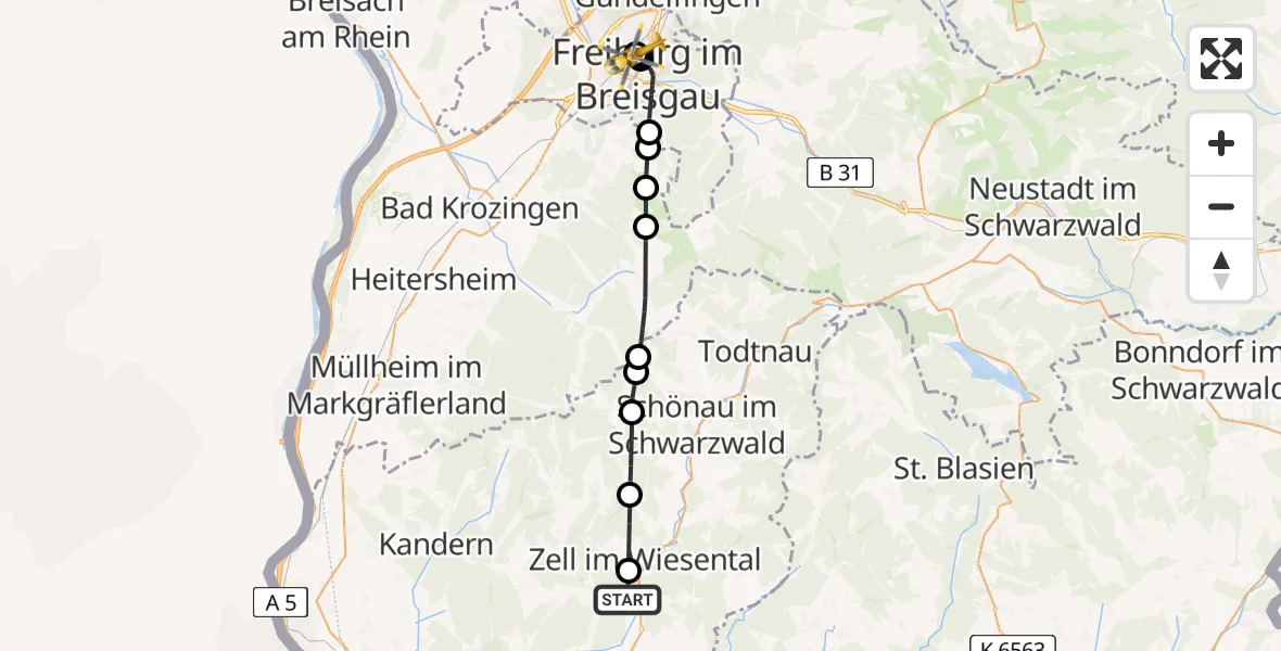 Flugroute Ambulanzhubschrauber Hausen im Wiesental - Freiburg University Hospital Heliport 1, 08 August 2026, 11:15