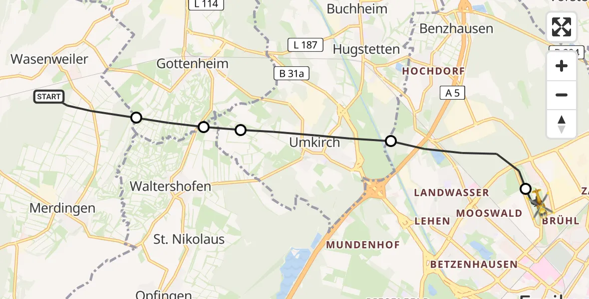 Flugroute Ambulanzhubschrauber Merdingen - Freiburg im Breisgau Flugplatz, 08 August 2026, 11:25