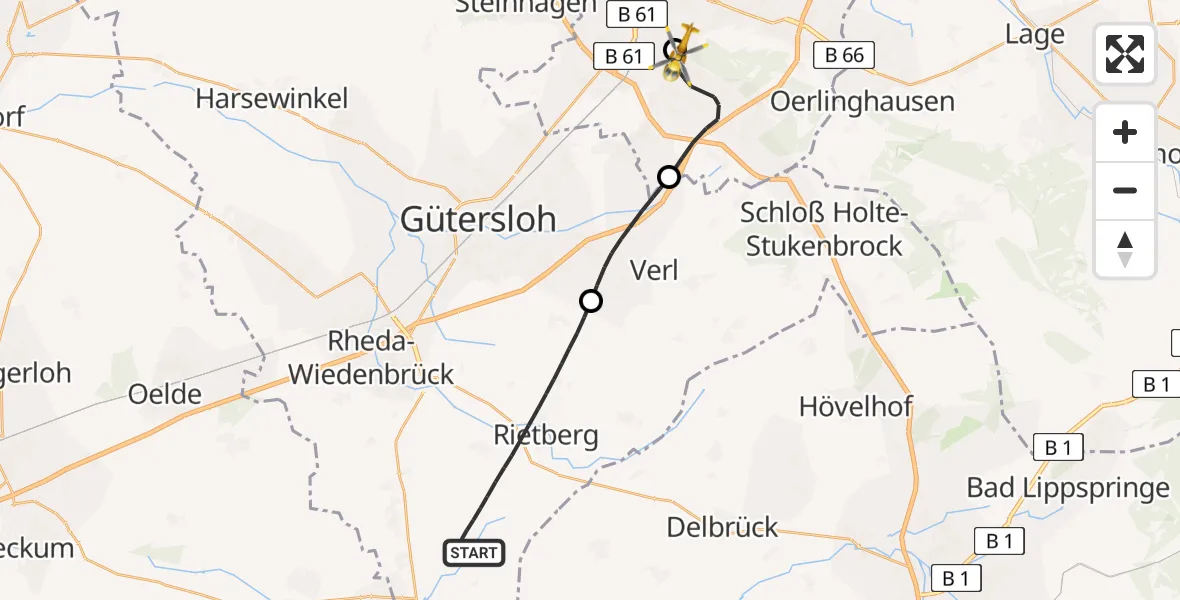 Flugroute Rettungshubschrauber Rietberg - Luftrettungszentrum Bielefeld, 08 August 2026, 11:27