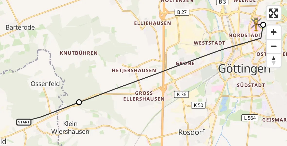 Flugroute Rettungshubschrauber Dransfeld - Göttingen University Clinic Hubschrauberlandeplatz, 08 August 2026, 11:29