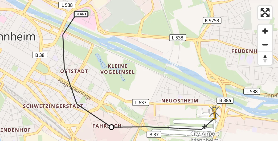 Flugroute Rettungshubschrauber Mannheim - Mannheim-City Flughafen, 08 August 2026, 11:35