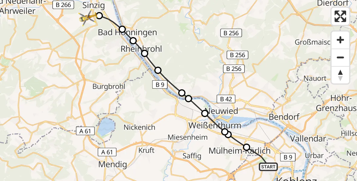 Flugroute Rettungshubschrauber Koblenz - Sinzig, 08 August 2026, 11:43