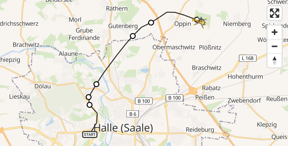 Flugroute Rettungshubschrauber Halle (Saale) - Halle-Oppin Flugplatz, 08 August 2026, 11:44