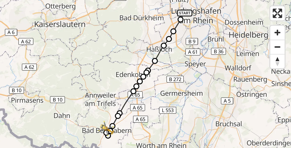 Flugroute Rettungshubschrauber Ludwigshafen am Rhein - Bad Bergzabern, 08 August 2026, 11:47