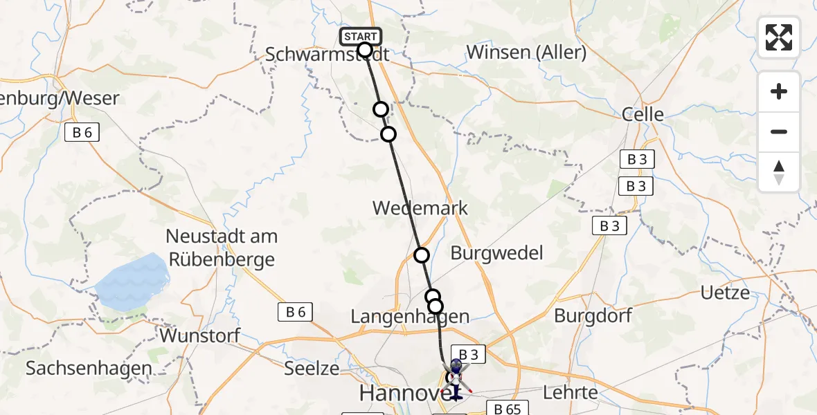 Flugroute Polizeihubschrauber Essel - Hannover Luftrettung Hubschrauberlandeplatz (Christoph 4), 08 August 2026, 11:55